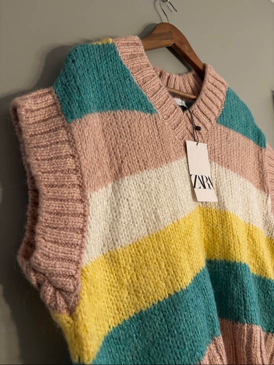 Zara Sweaters - Zara Striped V‑Neck Sweater Vest in Pink, Teal, Yellow & Cream - size L